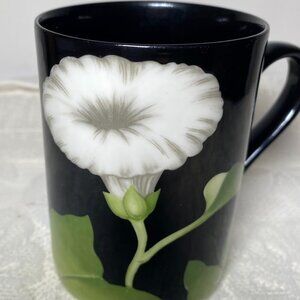FITZ & FLOYD “Fleurs De Minuit” Mug - White Flowers & Green Leaves On Black